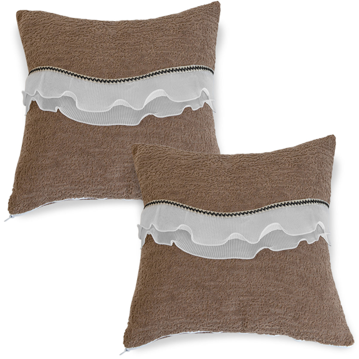 French Classic Frill Sofa Cushion Cover with Elegant Wavy Lace Design - Mocha Luxe Brown
