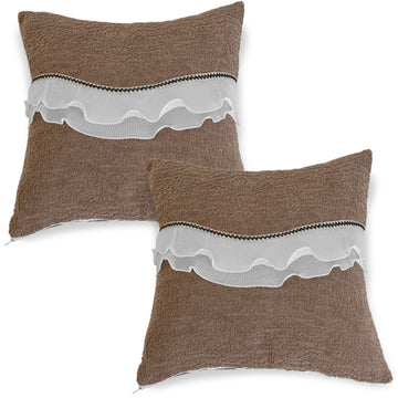 French Classic Frill Sofa Cushion Cover with Elegant Wavy Lace Design - Mocha Luxe Brown