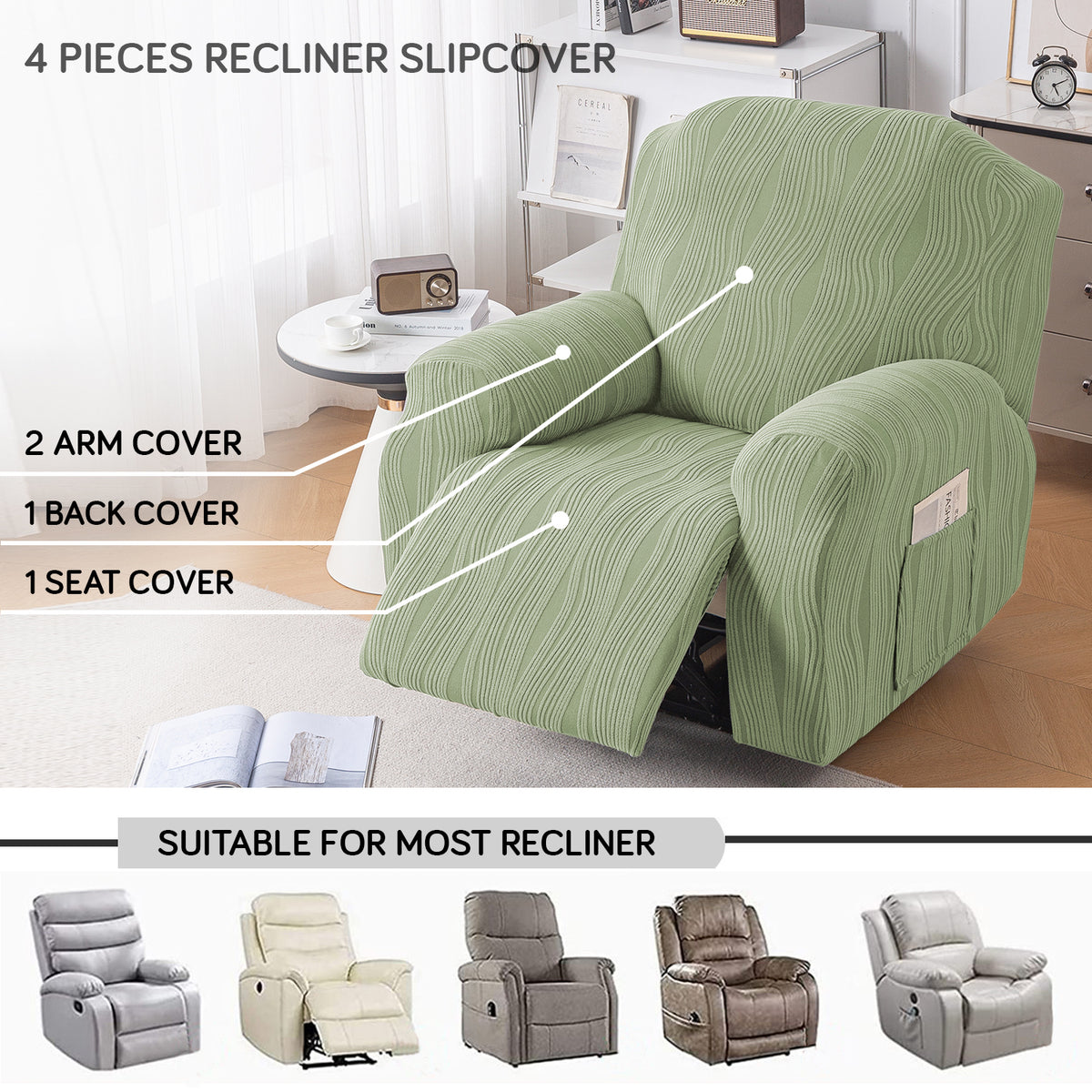 Buy Pastel Green Colour nestiva series knitting Jacquard 4 Pieces Recliner Slipcover | HOKIPO