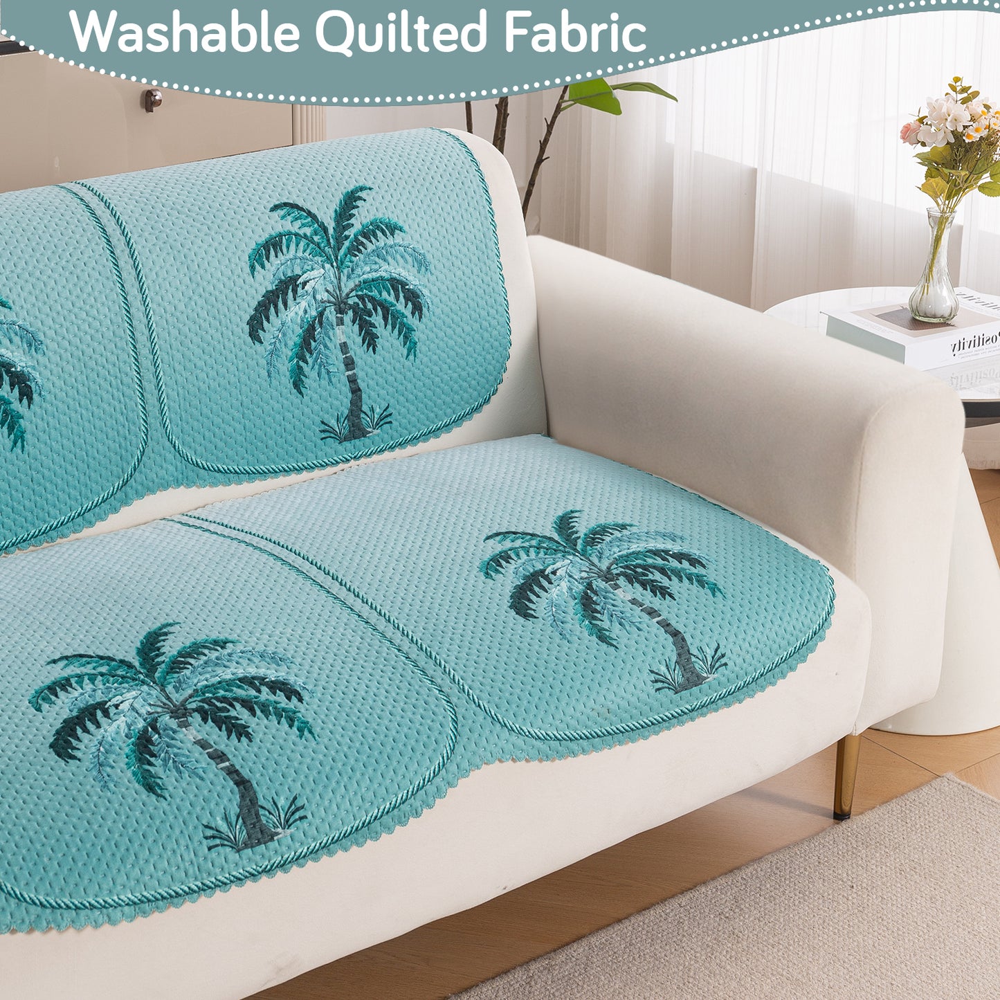 HeavenHue Fleece Soft Touch Quilted Sofa Cover Set Washable Sofa Panel for Seat & Back - Island Breeze