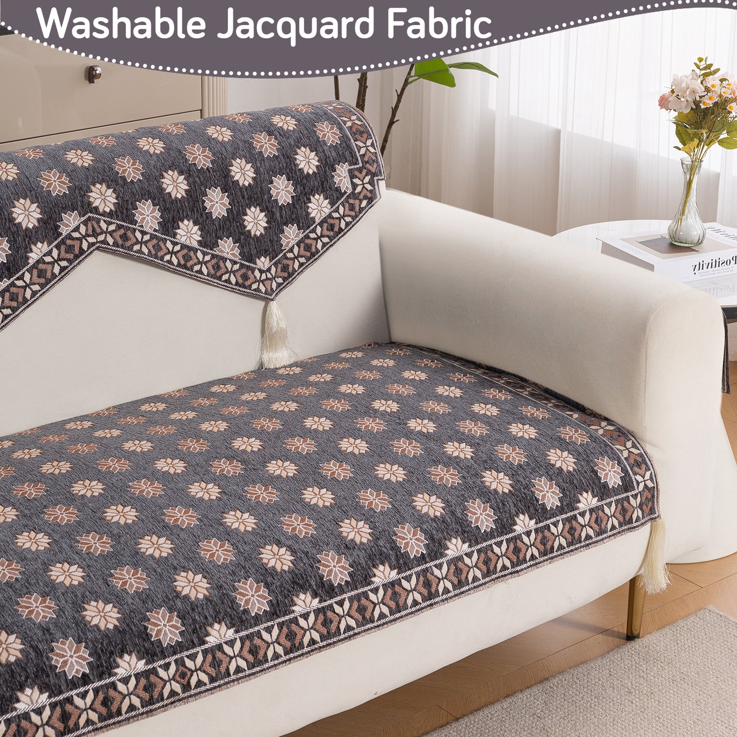 Heritage Weave Premium Jacquard Sofa Cover Set with Tassels - Graphite Grey