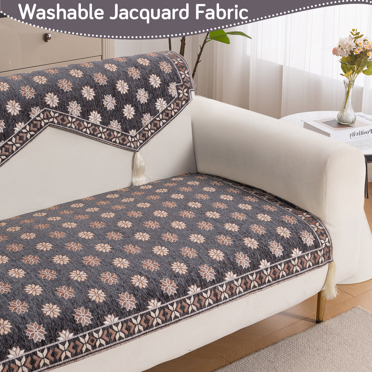 Heritage Weave Premium Jacquard Sofa Cover Set with Tassels - Graphite Grey