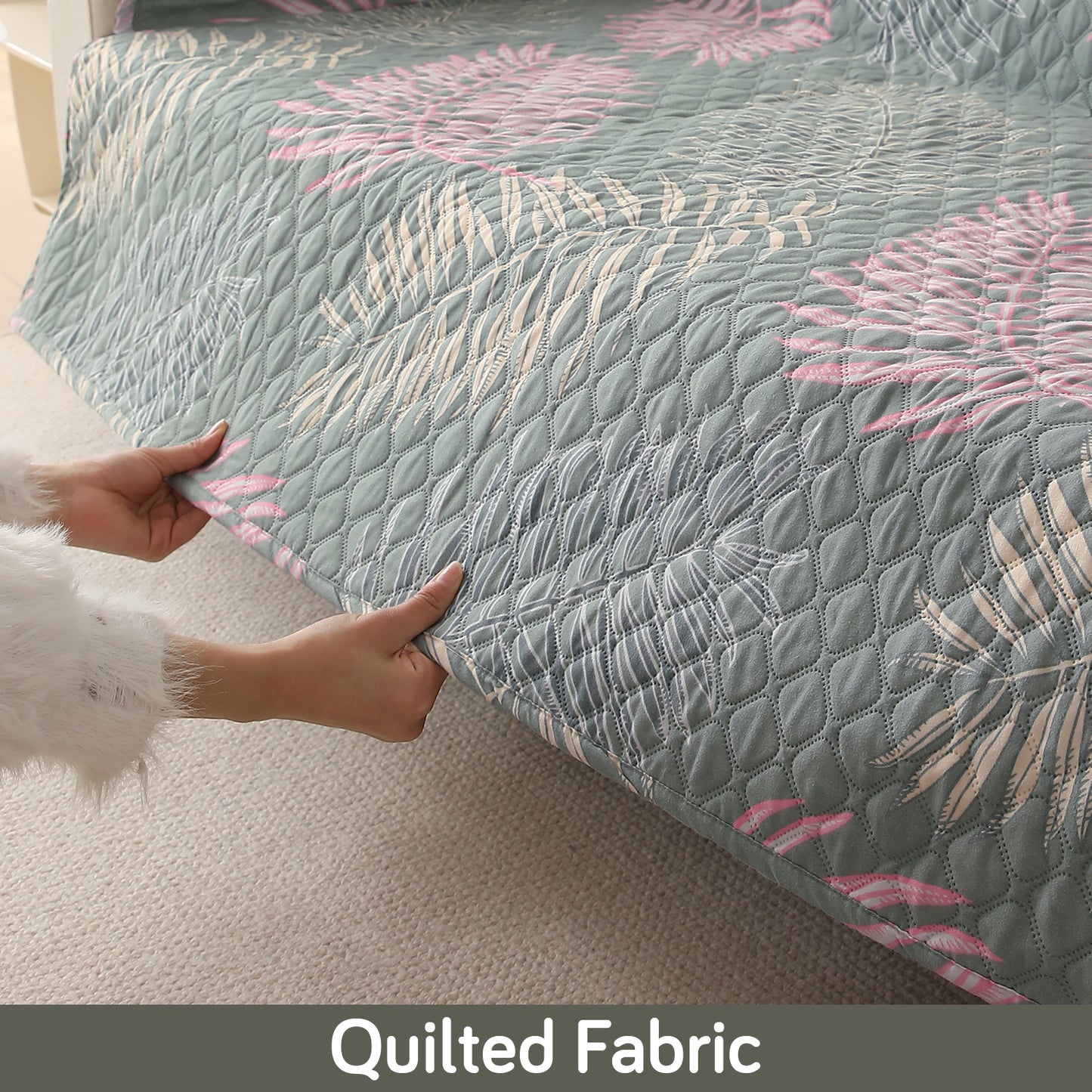 Polyester Printed Quilted Sofa Cover Mats, Tropical Leaves Pastel Green