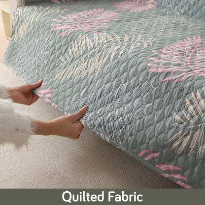 Polyester Printed Quilted Sofa Cover Mats, Tropical Leaves Pastel Green