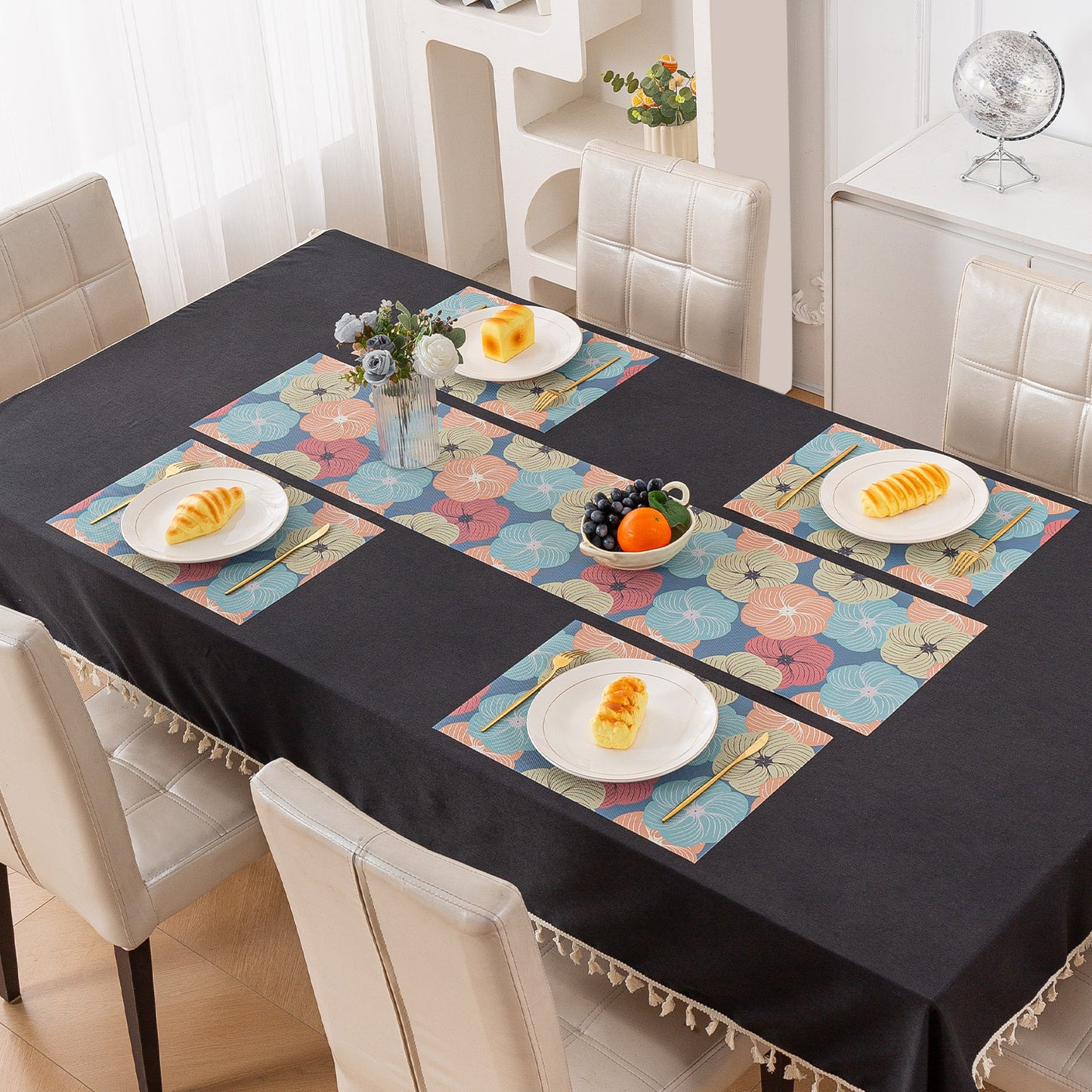 Color Splash PVC Mats for Dining Table, Floral Wheel - Teal Blue
