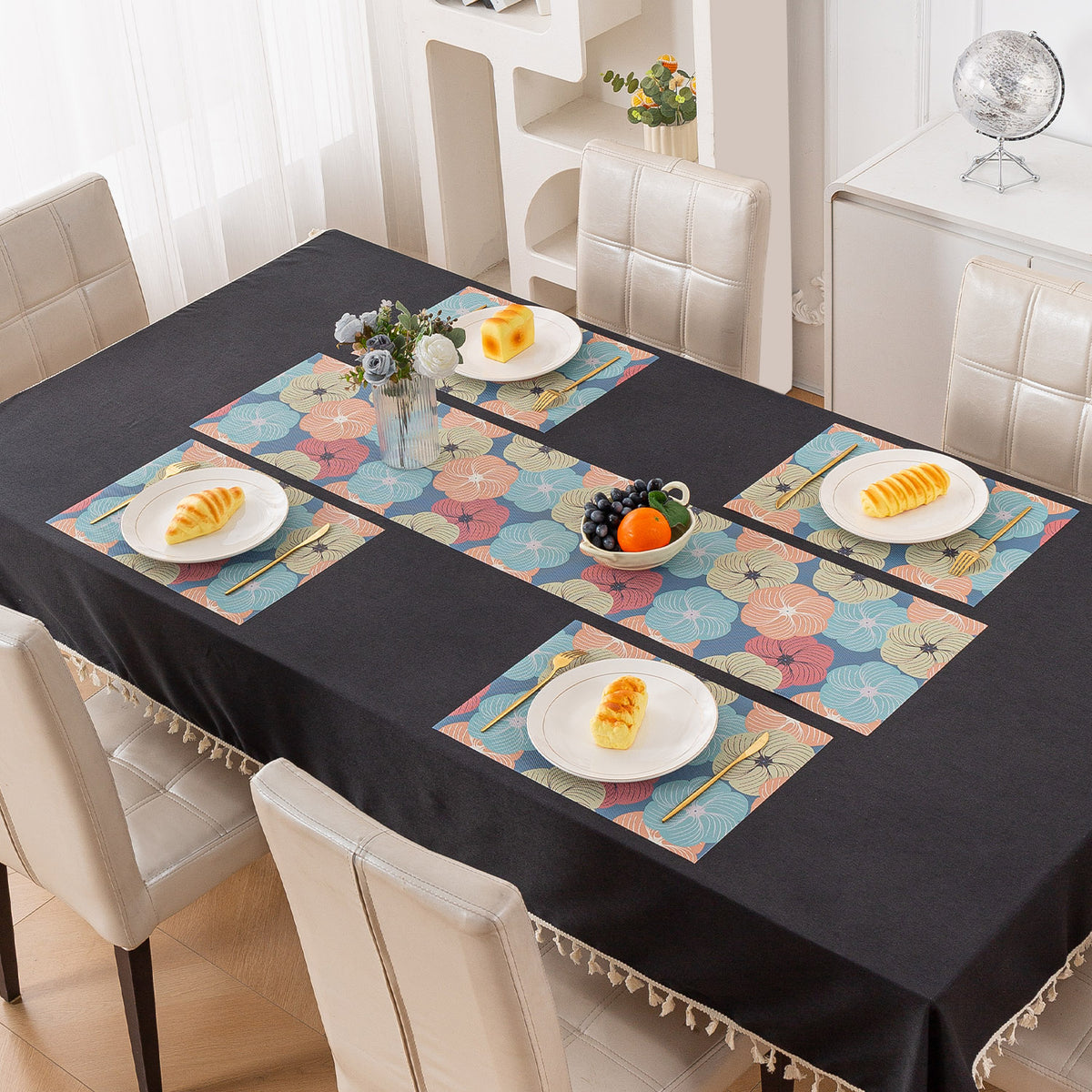 Color Splash PVC Mats for Dining Table, Floral Wheel - Teal Blue