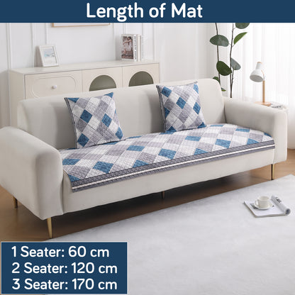 LiefNest Printed Holland Velvet Sofa Mat with Foam Filling - Diamond Slate Grey Blue for 1/2/3 Seater & Armrest