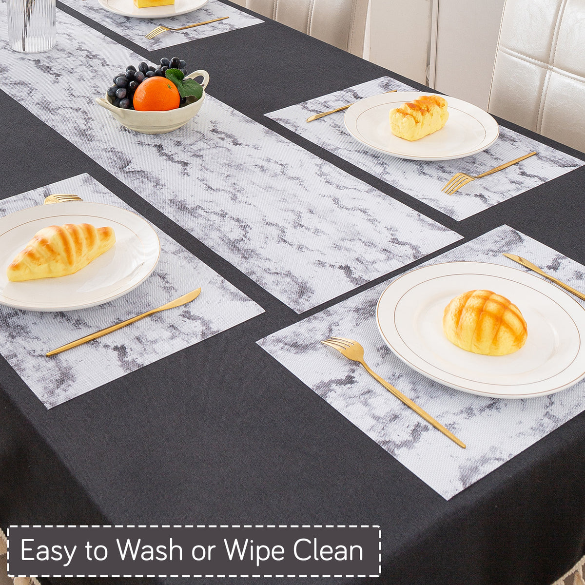 Marble Fusion PVC Mats for Dining Table, Misty Clouds - Spanish Grey