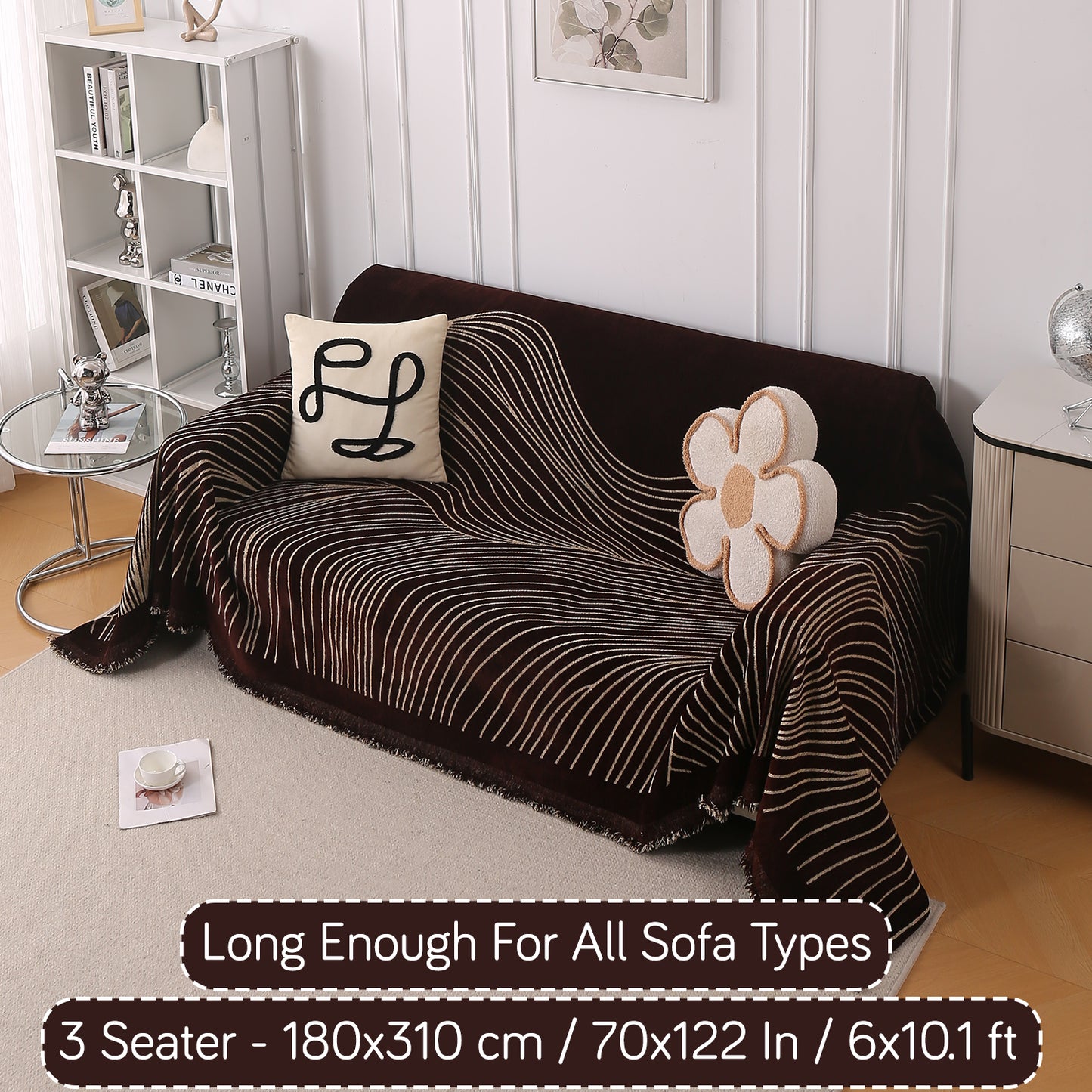 WaveLoom Collection Printed Chenille Sofa Cover Throw Blanket, Dark Coffee