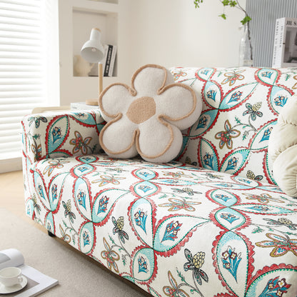 Premium Printed Velvet Sofa Cover 1/2/3 Seaters Fully Covered, Beige Persian Garden