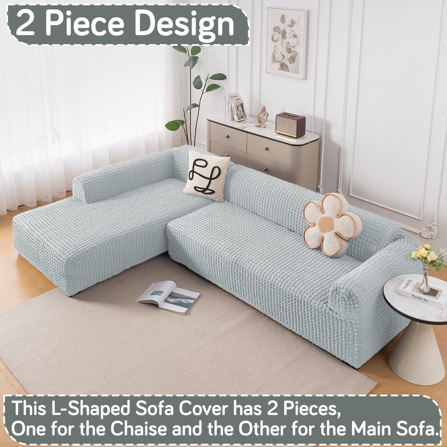 Aria Nova Bubble 2-Piece Stretchable L Shape Sofa Cover with Left Chaise, Light Grey