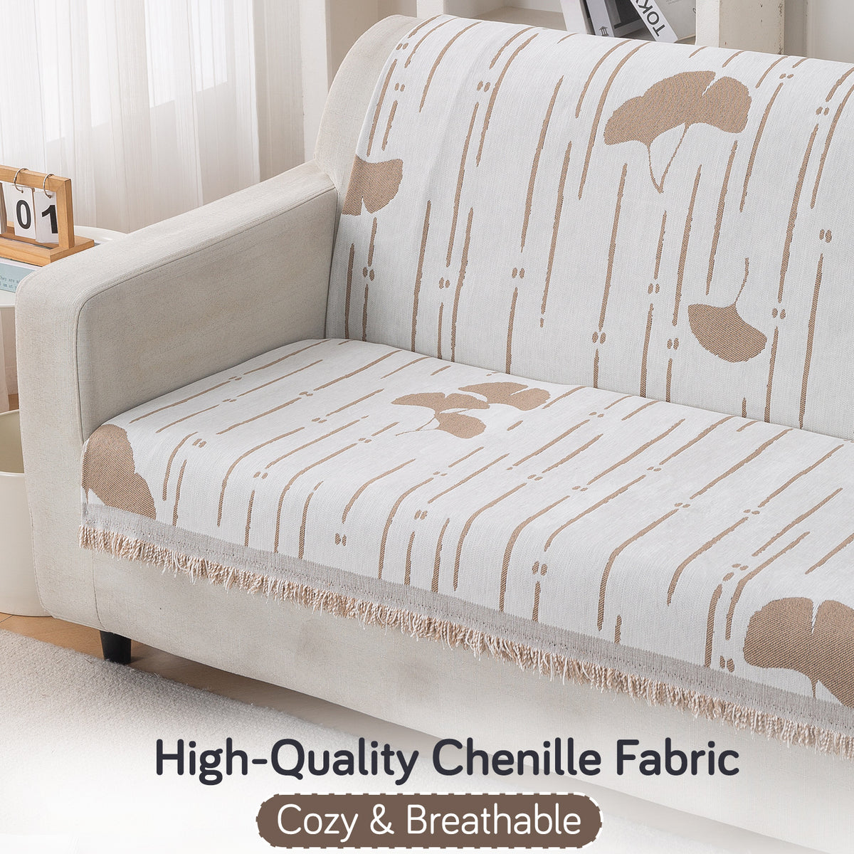 Premium 320 GSM Chenille Sofa Cover 'Serene Abode Series', Beige Ginkgo Lines