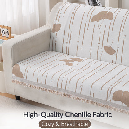 Premium 320 GSM Chenille Sofa Cover 'Serene Abode Series', Beige Ginkgo Lines