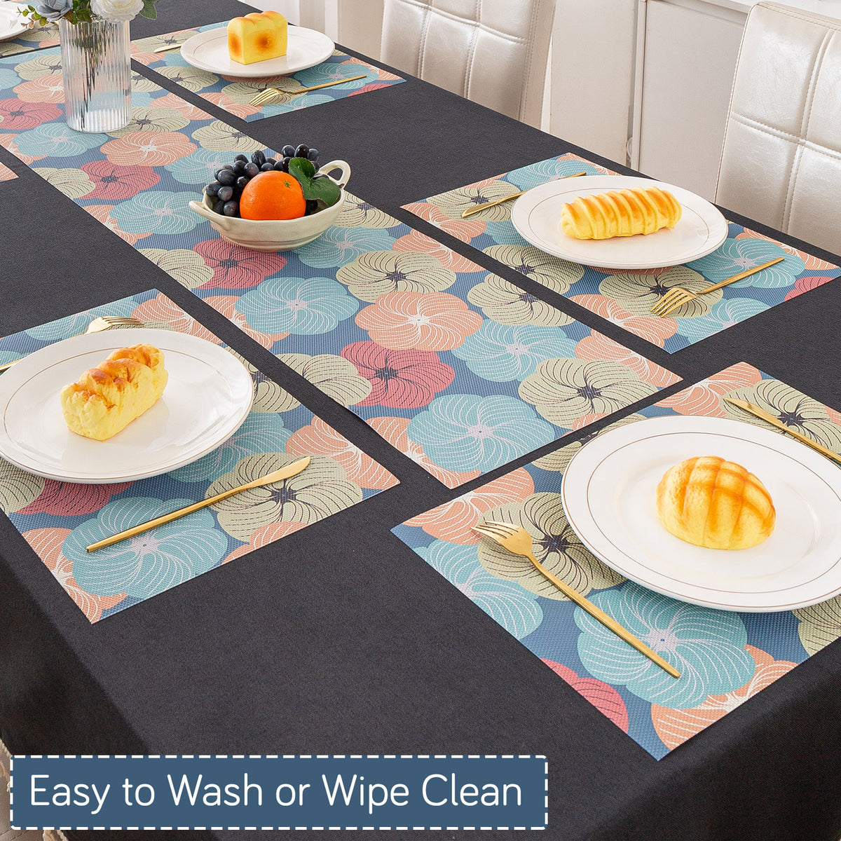 Color Splash PVC Mats for Dining Table, Floral Wheel - Teal Blue