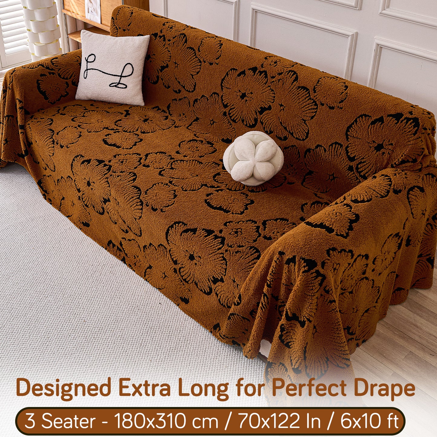 Buy Rustic Caramel Colour Camellia Blossom Luxury Plush Sofa Throw – 3 Seater Sofa | HOKIPO