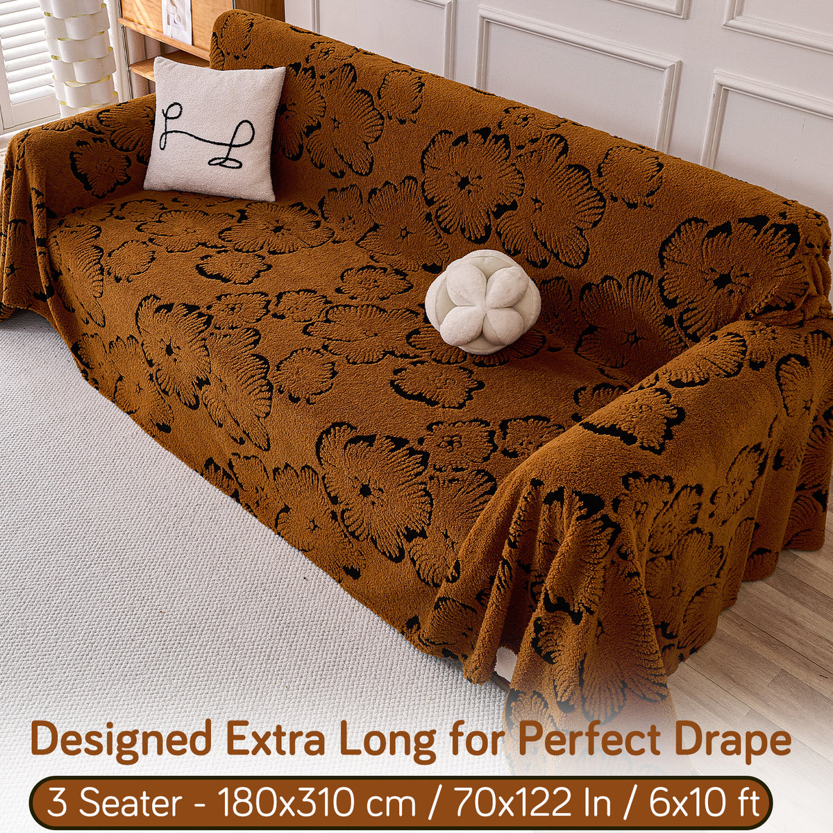 Buy Rustic Caramel Colour Camellia Blossom Luxury Plush Sofa Throw – 3 Seater Sofa | HOKIPO