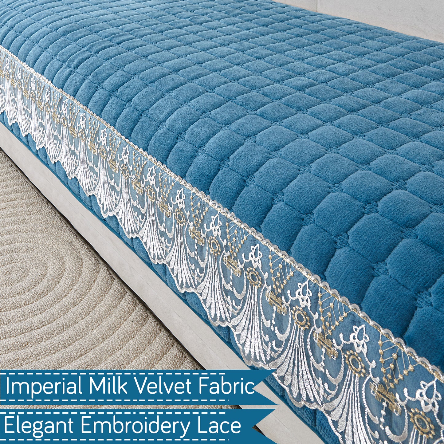 BelleLace Series Imperial Milk Velvet L Shape Sofa Cover Mat with Lace Design - Celdaon Blue