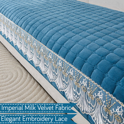 BelleLace Series Imperial Milk Velvet L Shape Sofa Cover Mat with Lace Design - Celdaon Blue