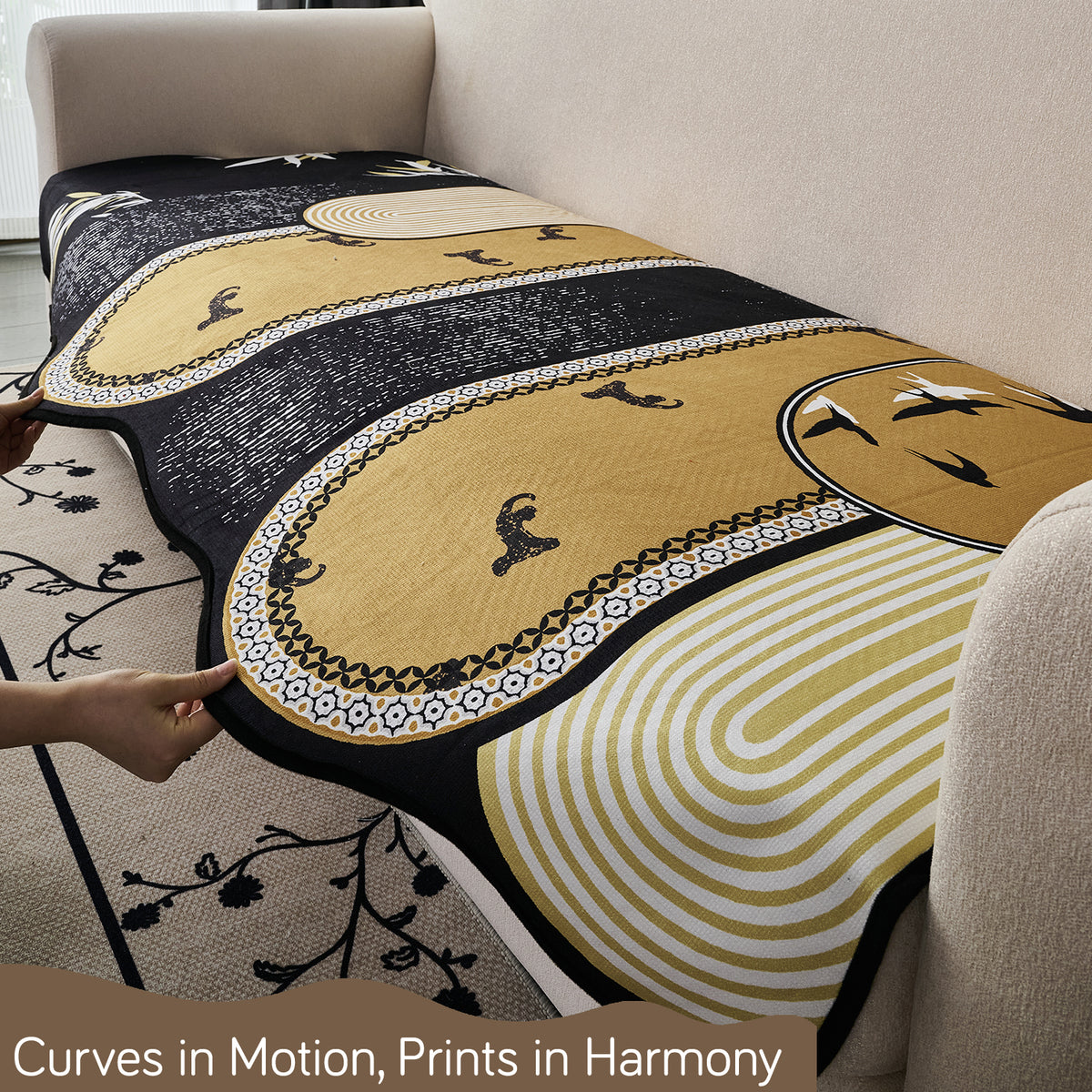 Arcea Chenille With Curved Edges Sofa Cover Mat, Mustard Gold Tribal