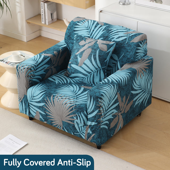 Sea Blue Tropical Leaves Printed non slip elastic 1 seater sofa cover​