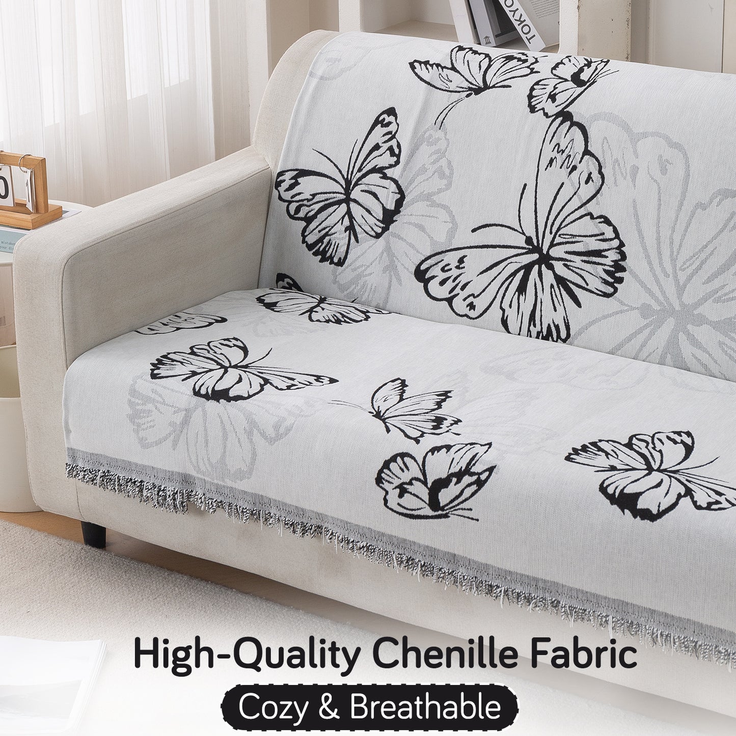Premium 320 GSM Chenille Sofa Cover 'Serene Abode Series', Monochrome Butterfly