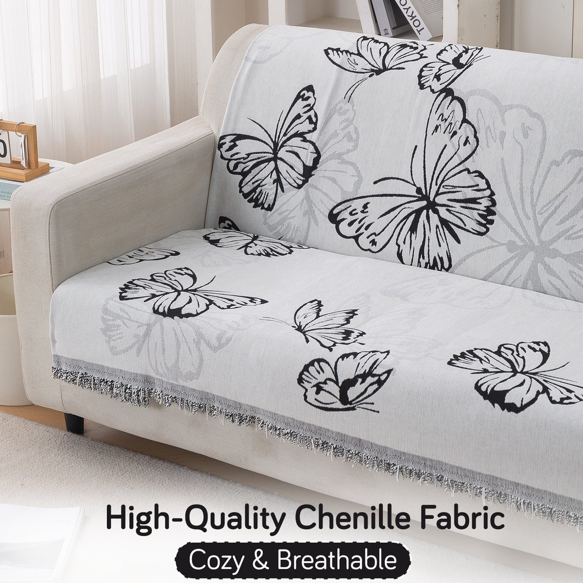 Premium 320 GSM Chenille Sofa Cover 'Serene Abode Series', Monochrome Butterfly