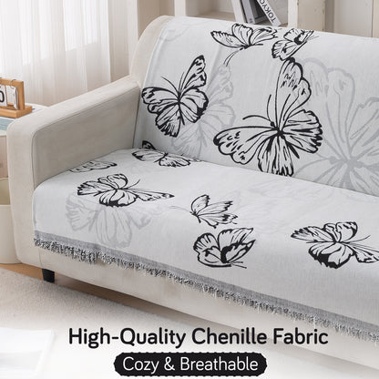 Premium 320 GSM Chenille Sofa Cover 'Serene Abode Series', Monochrome Butterfly