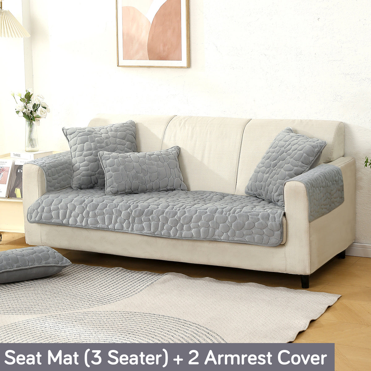 Premium Pebble Milk Velvet Anti Slip Sofa Cover Mat with 2 Armrest Cover, Moon Grey
