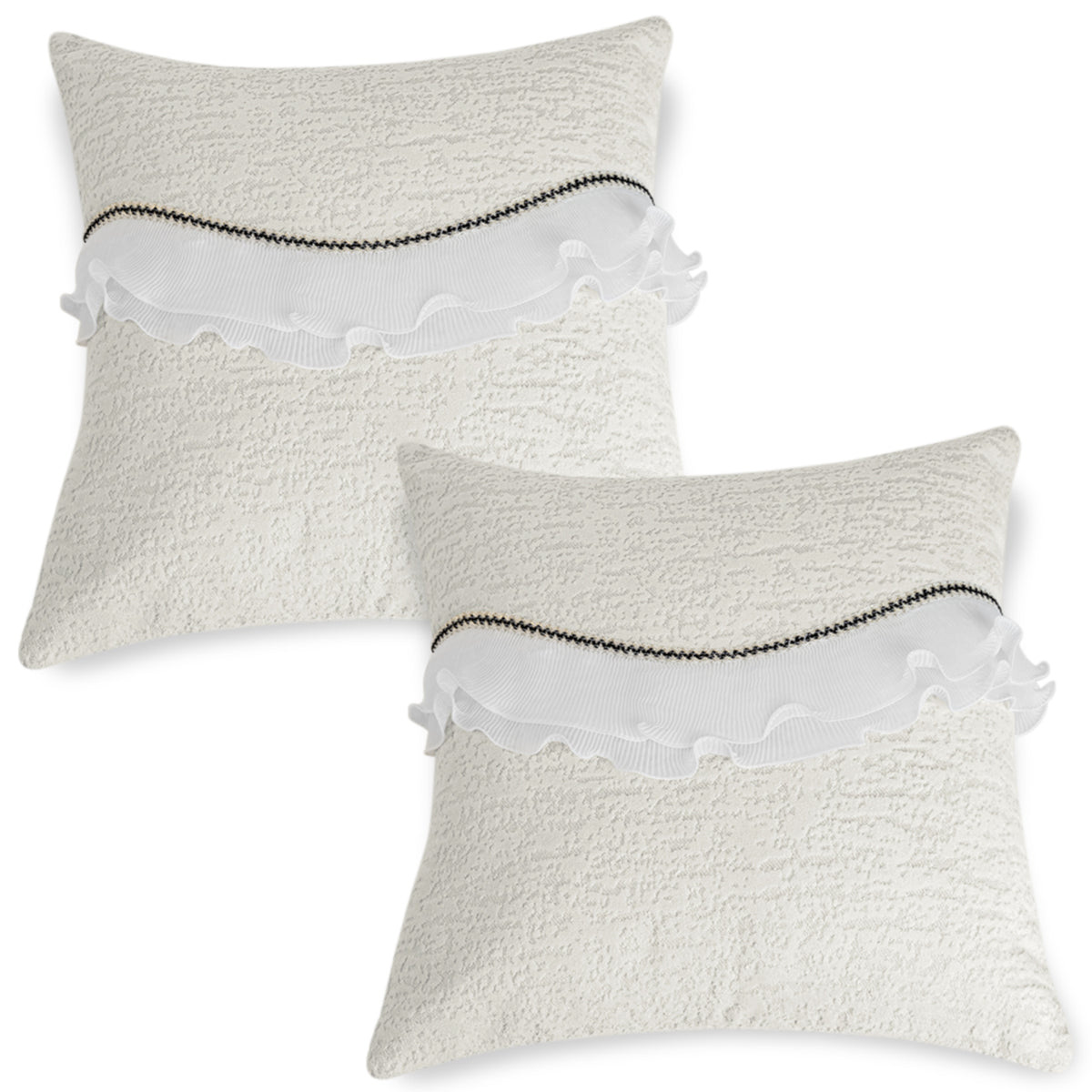French Classic Frill Sofa Cushion Cover with Elegant Wavy Lace Design - Snow White Ivory