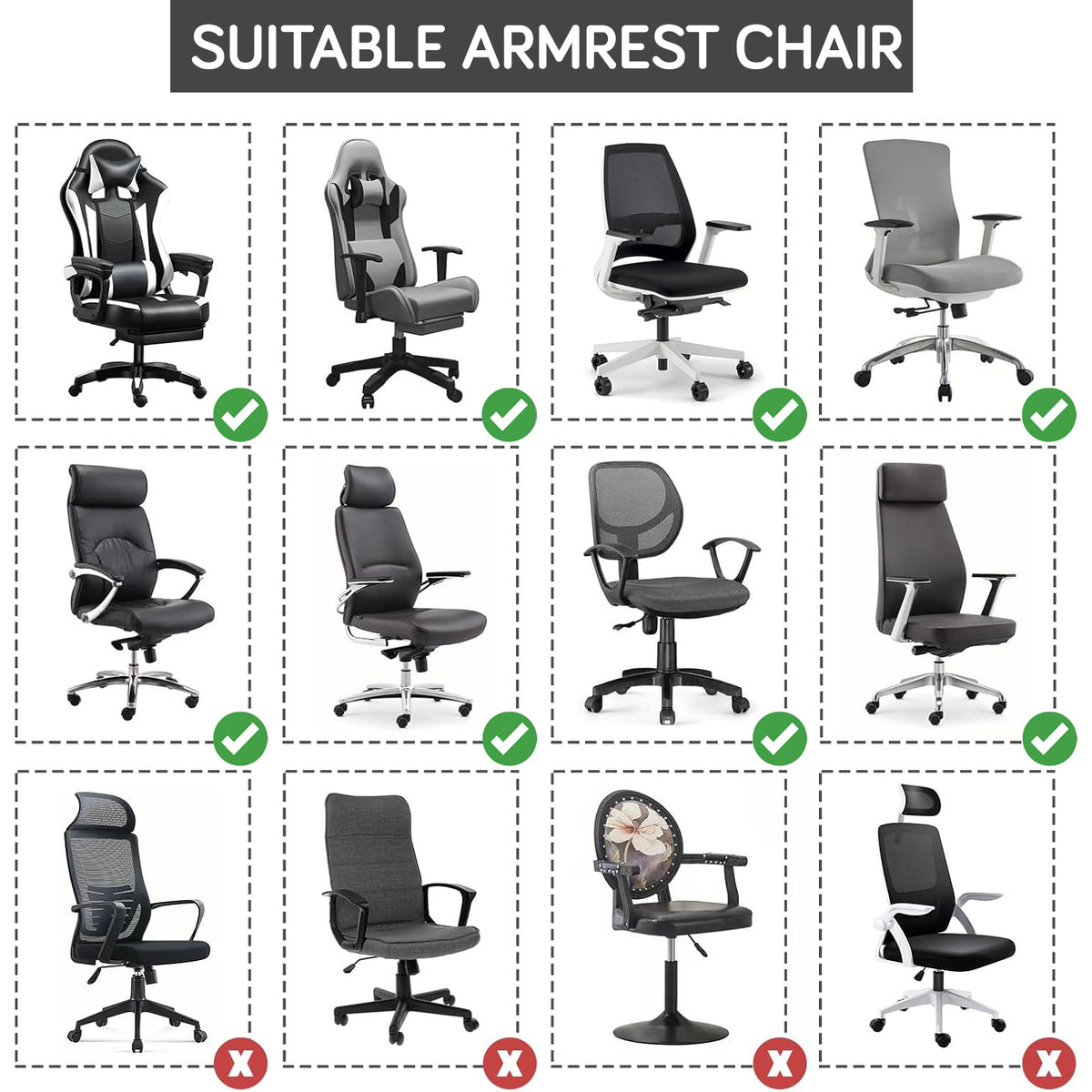 210gsm Jacquard Water Repellent Armrest Covers for Office Chair (Elastic Style), 1 Pair, Black