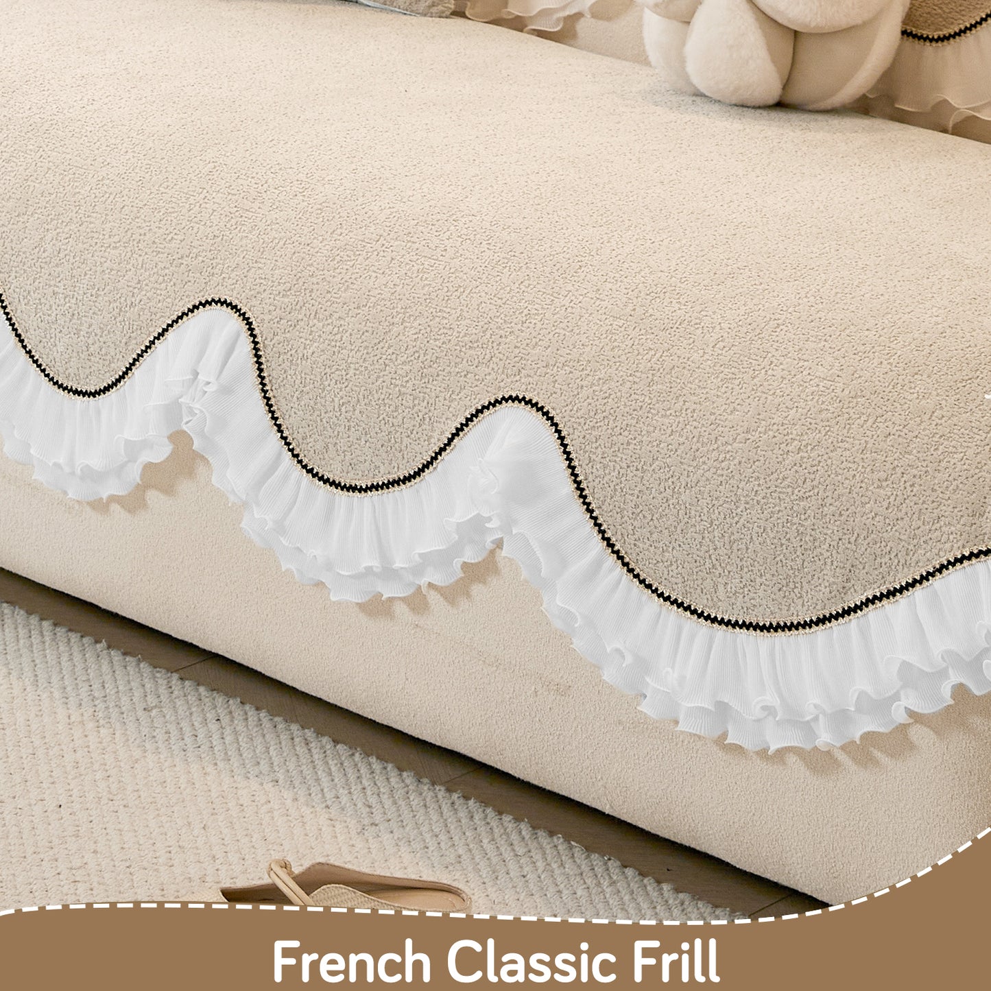 French Classic Frill Wavy Sofa Cover Mat with Curve & Lace - Champagne Beige