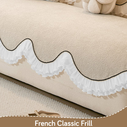 French Classic Frill Wavy Sofa Cover Mat with Curve & Lace - Champagne Beige