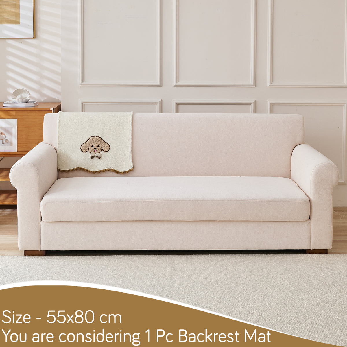 CloudHug Plush Sofa Cover Mat with PomPom and Wavy Edges, Ivory Cream