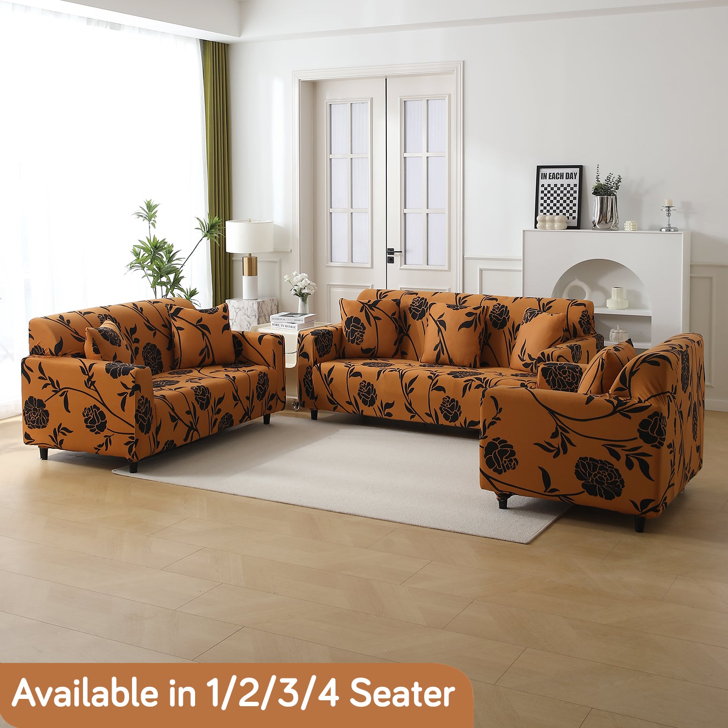 Copper Brown Floral Print stretchable sofa cover sets for 1,2,3,4,5 & 7 seater sofas