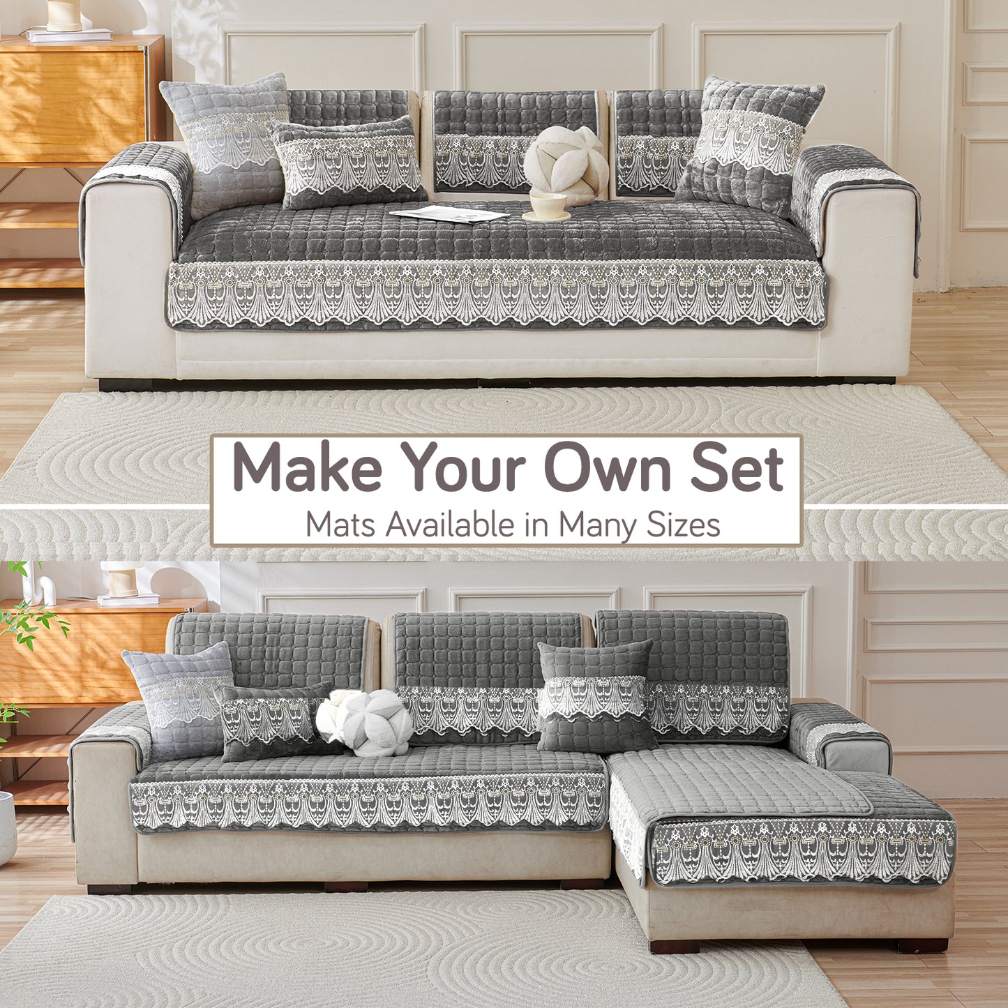 BelleLace Series Imperial Milk Velvet Sofa Cover Mat with Lace Design - Porpoise Grey