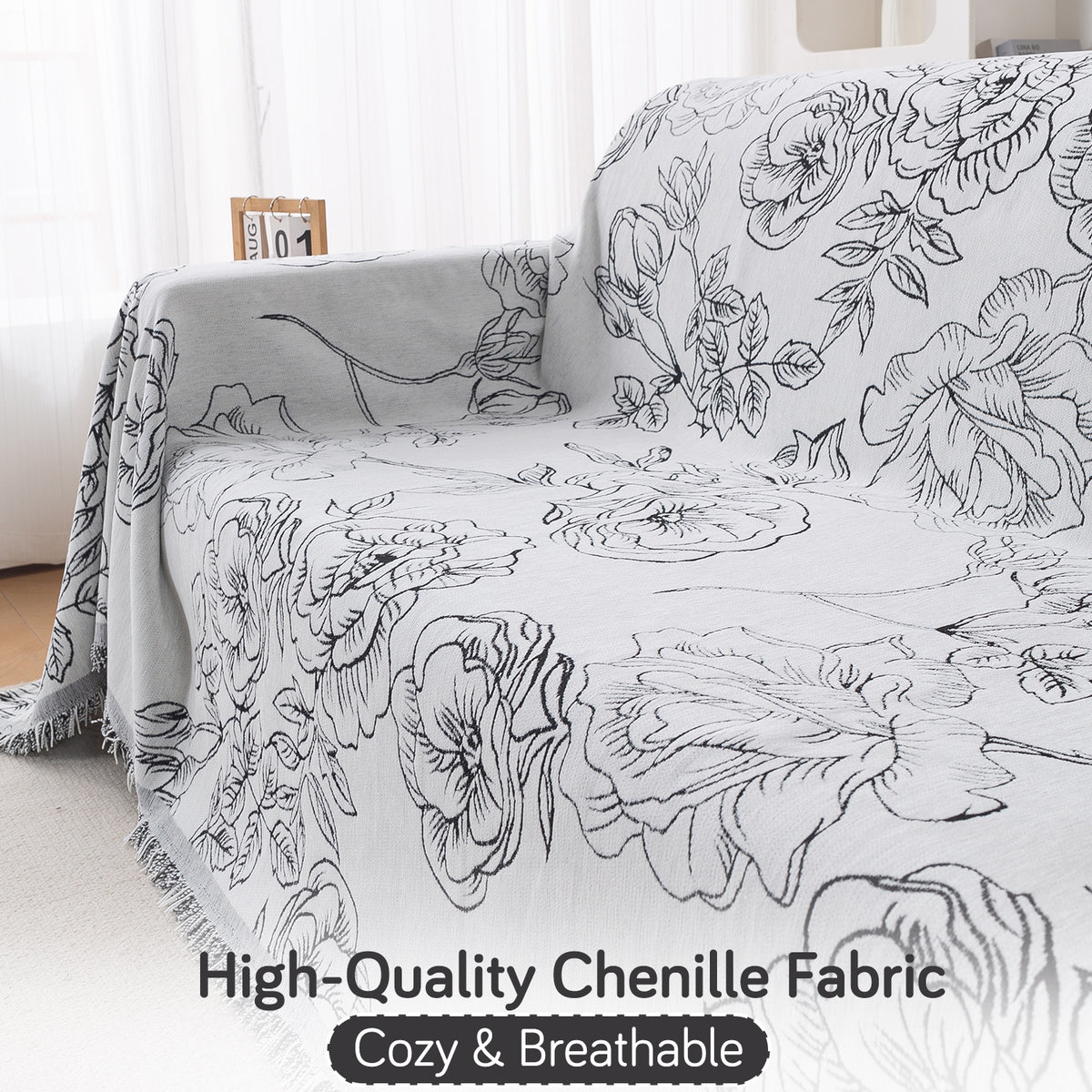Premium 320 GSM Chenille Sofa Cover Throw All Season 'Serene Abode Series', White Rose Garden