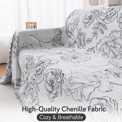 Premium 320 GSM Chenille Sofa Cover Throw All Season 'Serene Abode Series', White Rose Garden