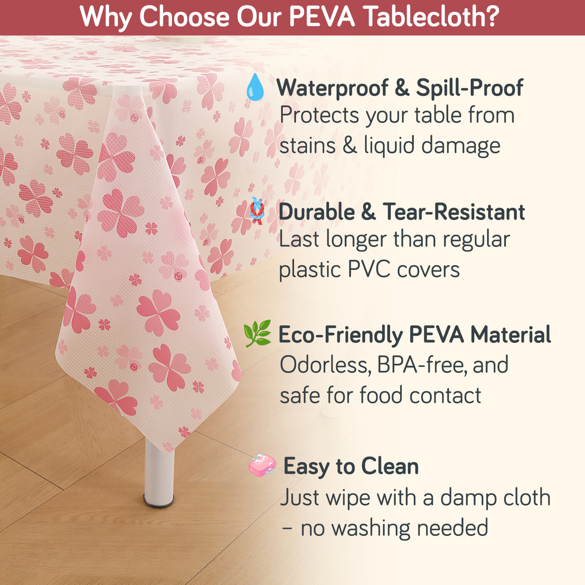 Buy Valentine Rose Pink Print Eco-Friendly PEVA Waterproof & Spill-Proof, Durable & Tear-Resistant, Easy to Clean Tablecloth | HOKIPO