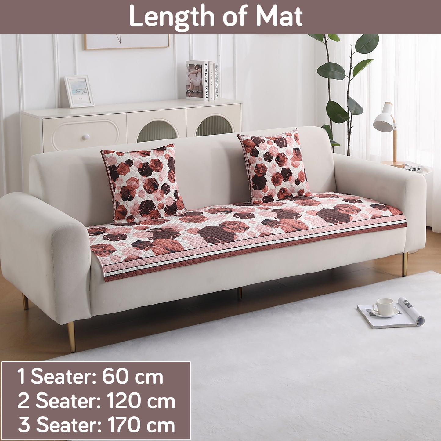 LiefNest Printed Holland Velvet Sofa Mat with Foam Filling - Geometric Hexagon Cider Red for 1/2/3 Seater & Armrest