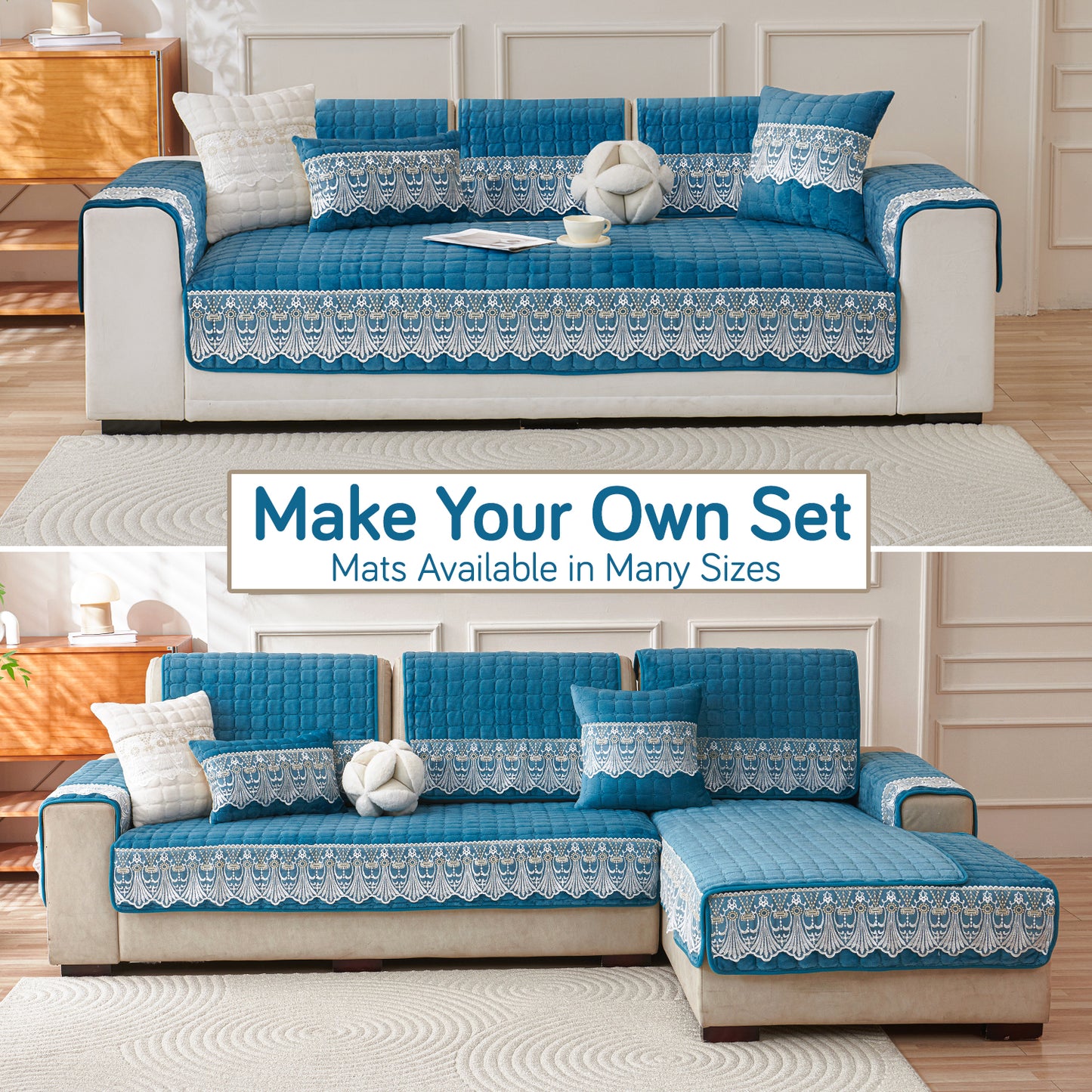 BelleLace Series Imperial Milk Velvet Sofa Cover Mat with Lace Design - Celdaon Blue