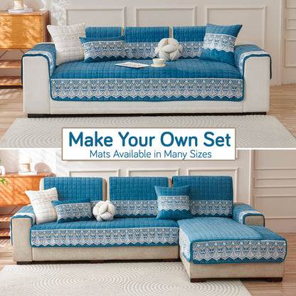 BelleLace Series Imperial Milk Velvet Sofa Cover Mat with Lace Design - Celdaon Blue