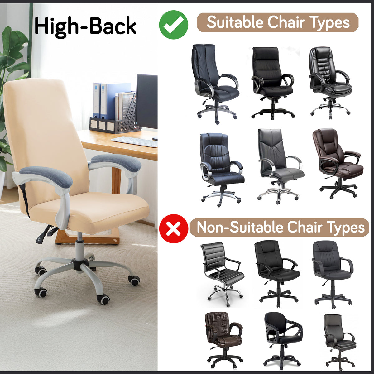 Office Chair Cover for Executive Chair (High-Back) – 140 GSM Stretch Fabric – Washable, Durable & Anti-Slip – Fits High-Back Office Chairs, Beige