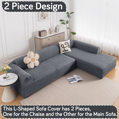 Aria Nova Bubble 2-Piece Stretchable L Shape Sofa Cover with Right Chaise, Dark Grey