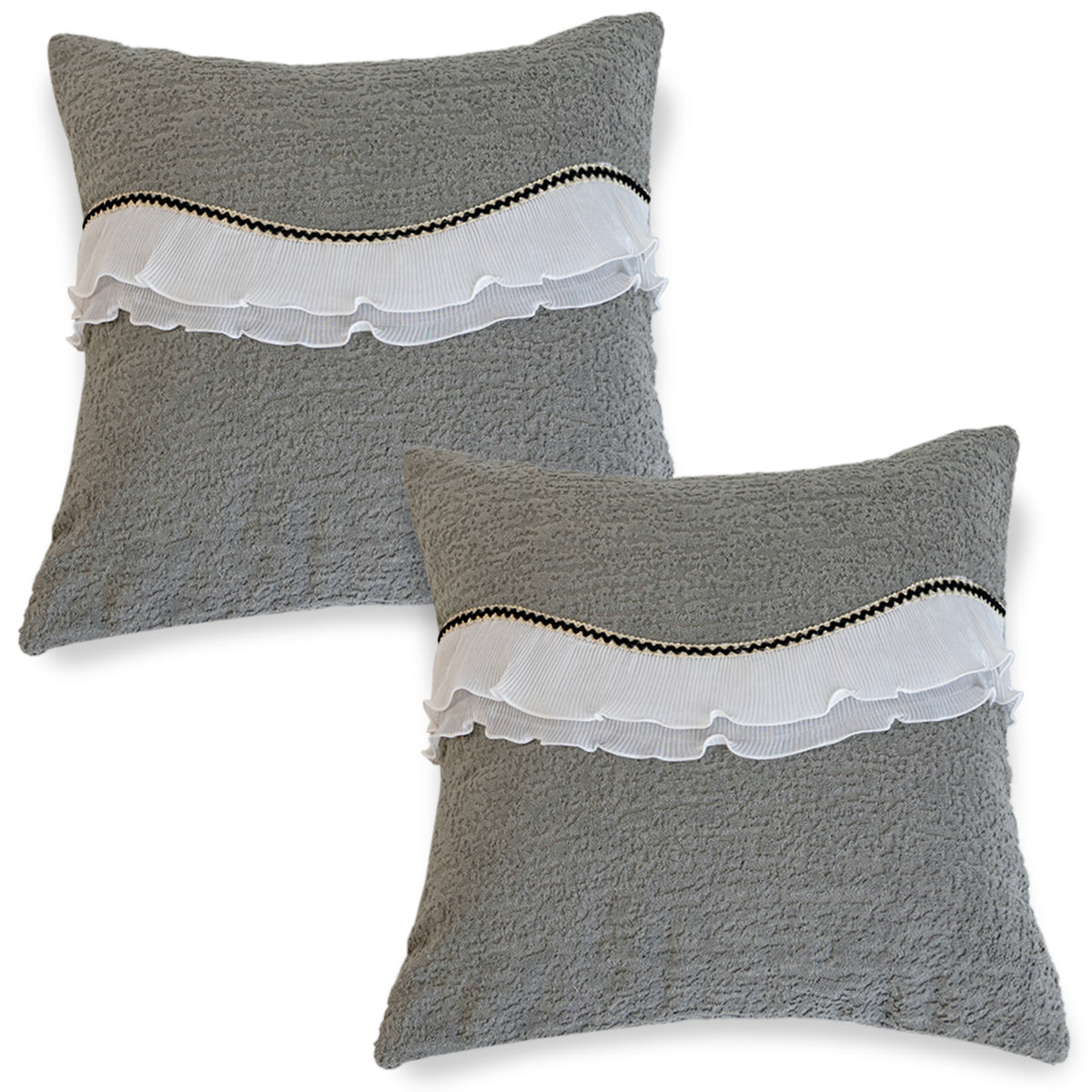 French Classic Frill Sofa Cushion Cover with Elegant Wavy Lace Design - Moonstone Grey