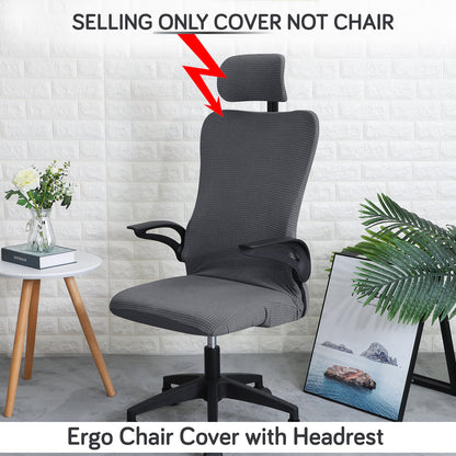 Water Repellent Office Chair Cover with Headrest (High-Back) – 210 GSM Stretch Jacquard – Washable, Anti-Slip Fit for Ergonomic Mesh Office Chairs, Dark Grey