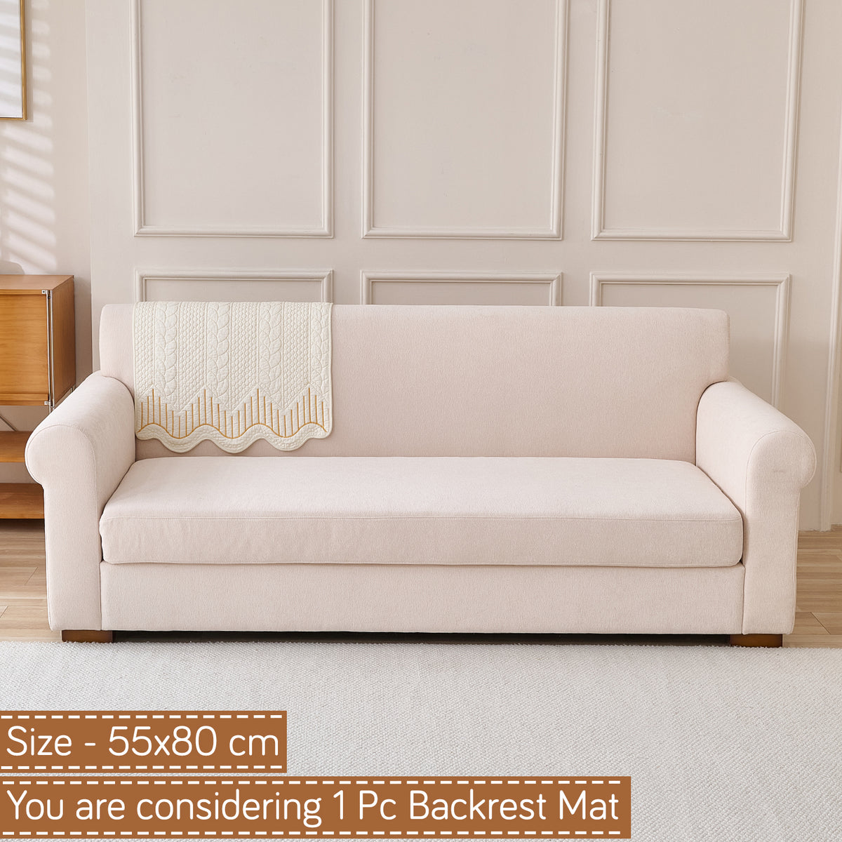Cotton Reverie with a Curved Wavy Edge Sofa Mat, Golden Cream Bloom