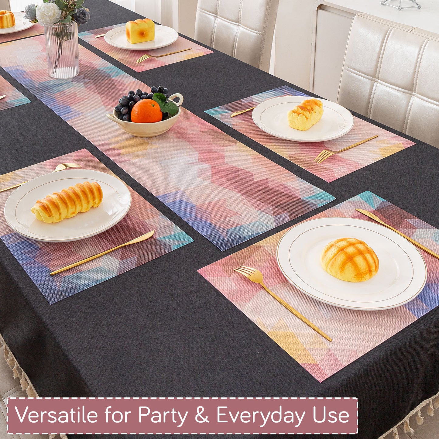 Color Splash PVC Mats for Dining Table, Abstract Polygon - Rose Mauve