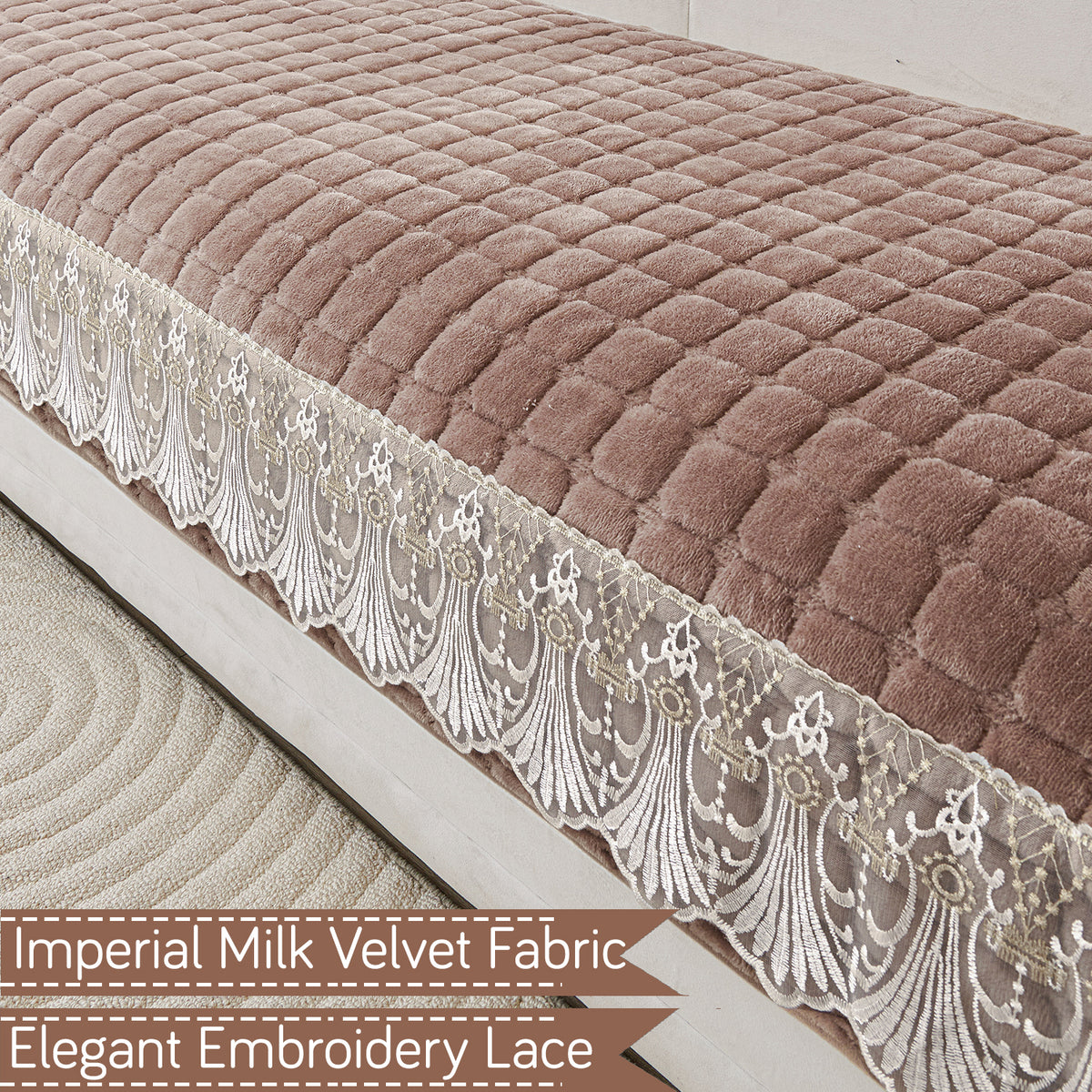BelleLace Series Imperial Milk Velvet L Shape Sofa Cover Mat with Lace Design - Mocha Brown