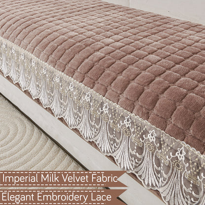 BelleLace Series Imperial Milk Velvet L Shape Sofa Cover Mat with Lace Design - Mocha Brown
