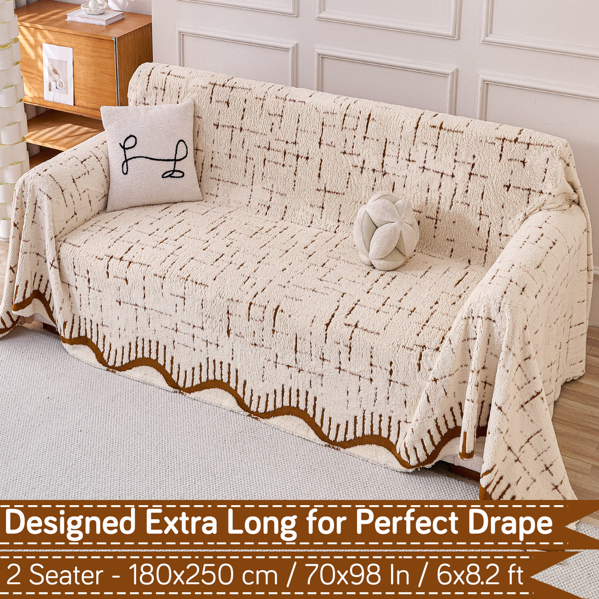 Buy Cream Brown Colour Supple Soft Wavy Plush Sofa Throw – 2 Seater Sofas | HOKIPO